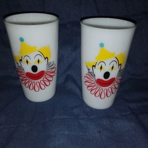 MCM Hazel Atlas Clown Milk Glasses Mid Century Modern Retro Set of 2